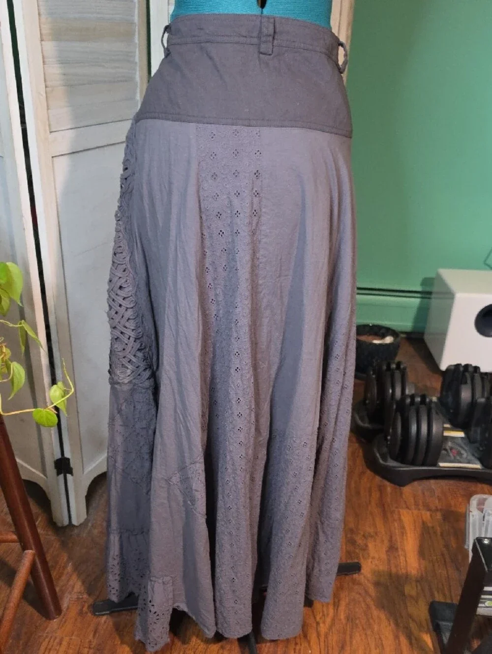Free People Night Fall Maxi Skirt Noir Gray Crochet Eyelet Size 12